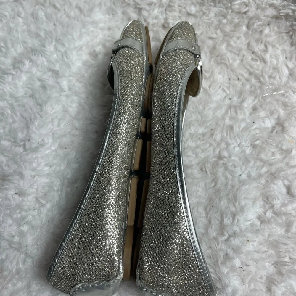 MICHAEL KORS SLIP ON MK LOGO SILVER GLITTER FLAT SHOES SIZE 10NARROW